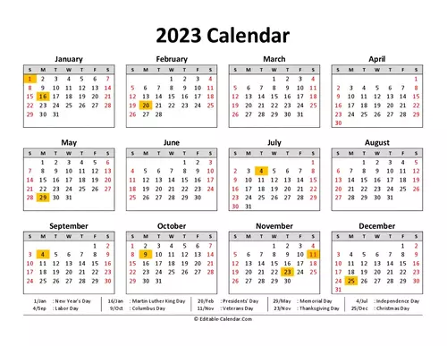 2023 calendar printable with us holidays