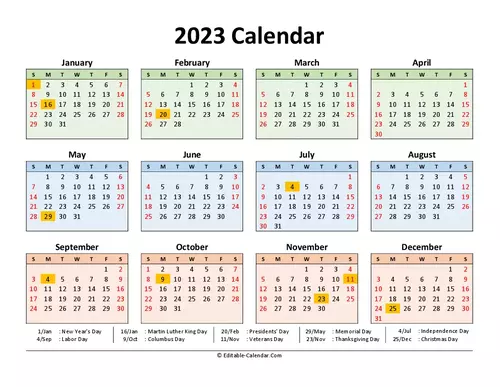 2023 printable calendar free with us holidays