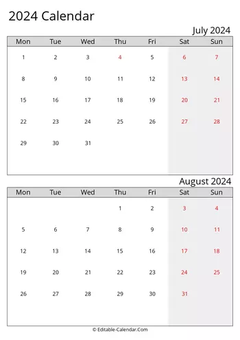2024 excel calendar july august monday start