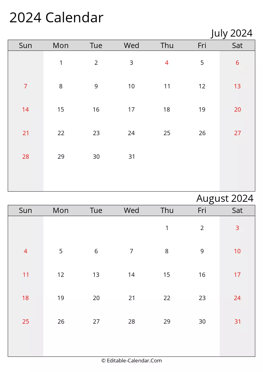2024 excel calendar july august