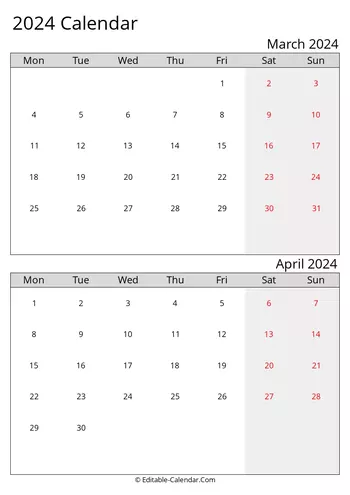 2024 excel calendar march april monday start