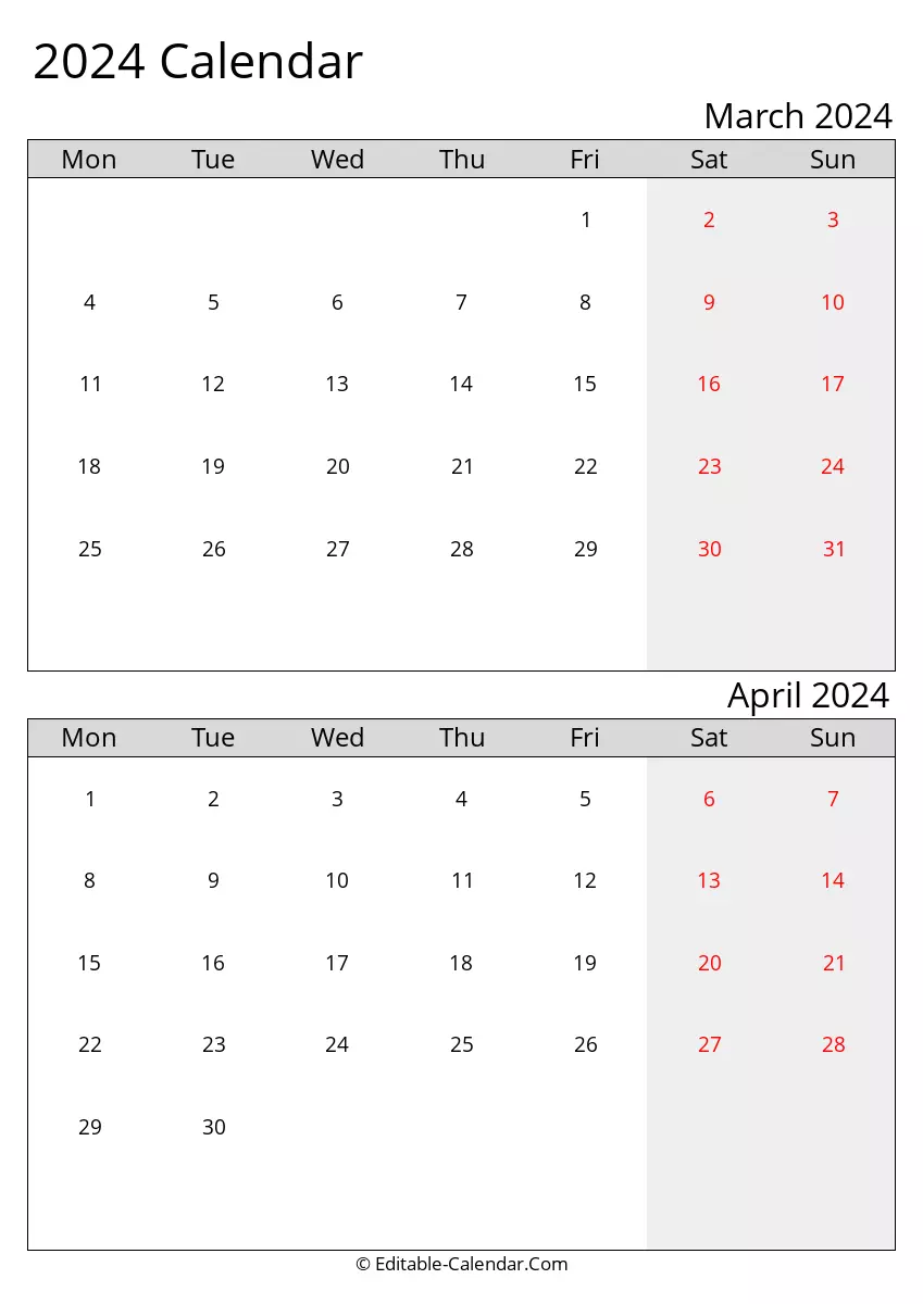 monday start, 2024 excel calendar march april