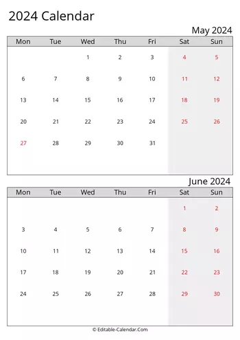 2024 excel calendar may june monday start