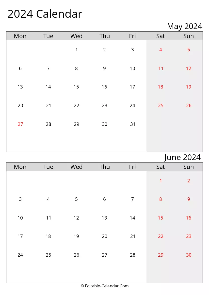 monday start, 2024 excel calendar may june