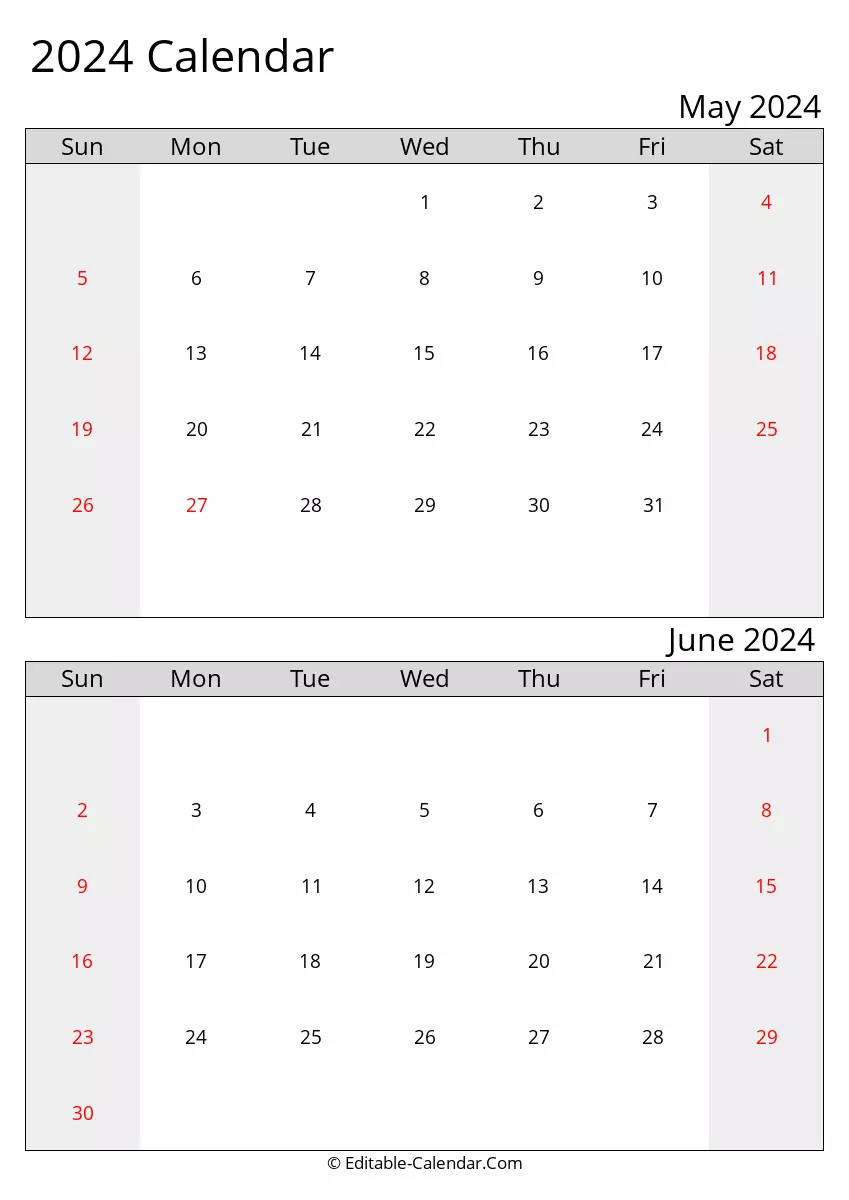 2024 excel calendar may june