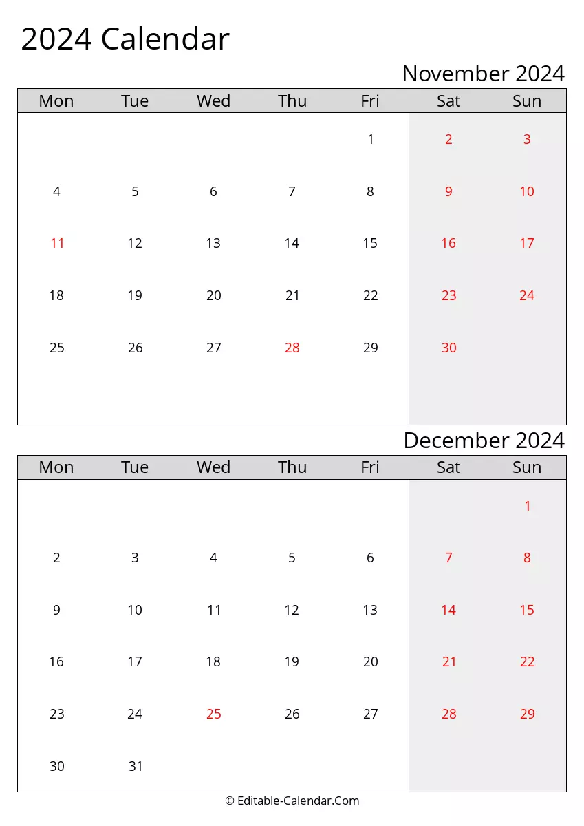 2024 Excel Calendar November December Monday Start