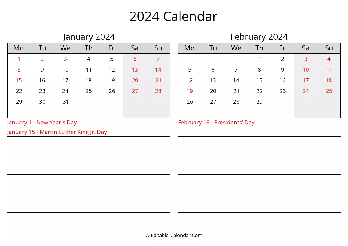 2024 January February Calendar With Holidays Monday Start