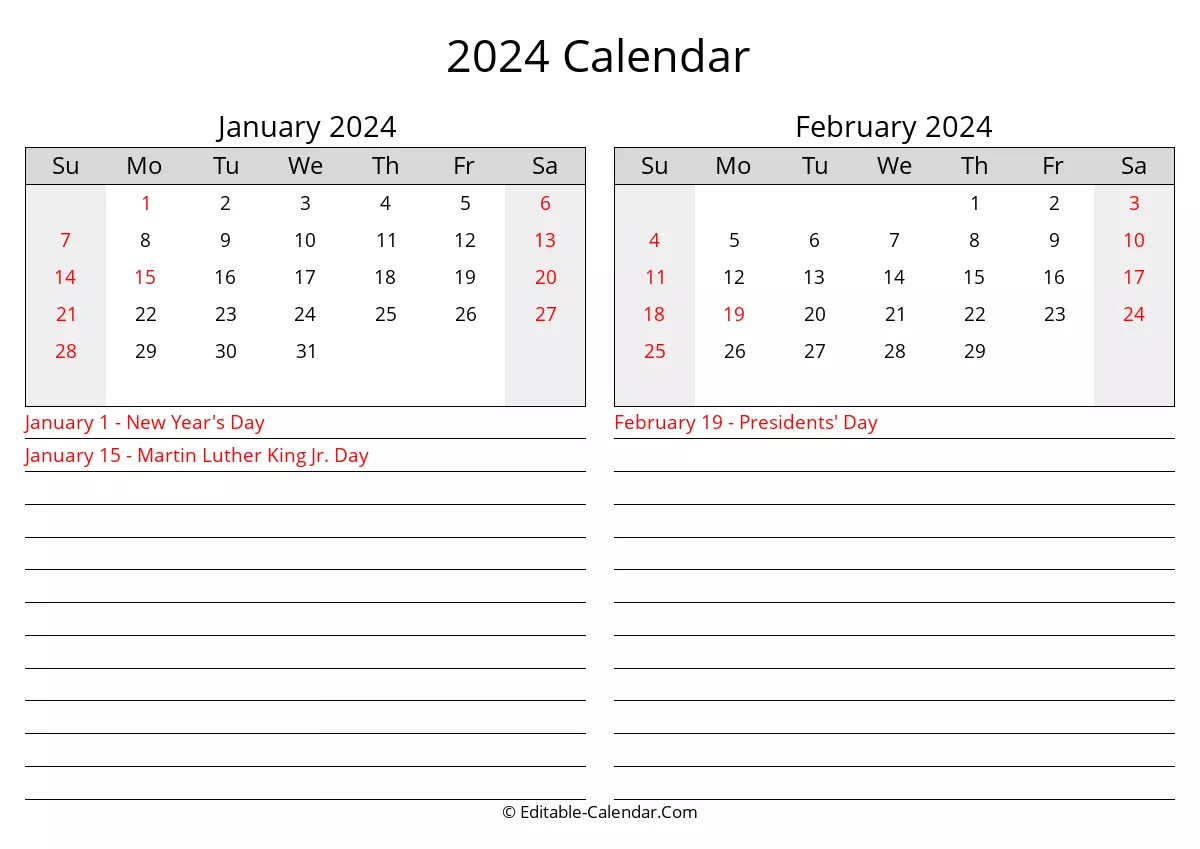 2024 January February Calendar With Holidays