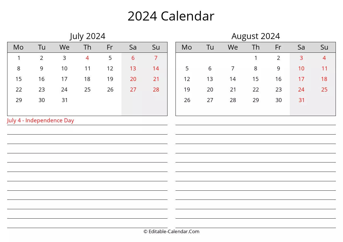 monday start, 2024 july august calendar with holidays