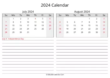 2024 july august calendar with holidays