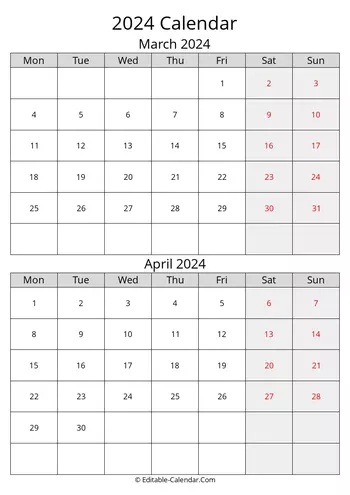 2024 march april calendar monday start