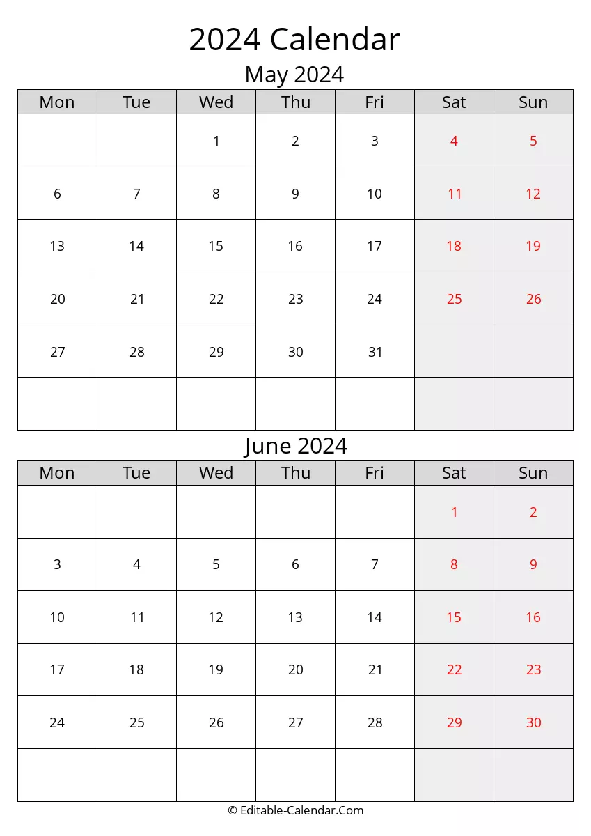 monday start, 2024 may june calendar