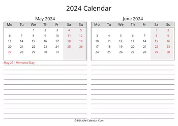 2024 may june calendar with holidays monday start