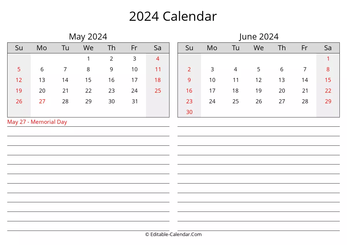 2024 may june calendar with holidays
