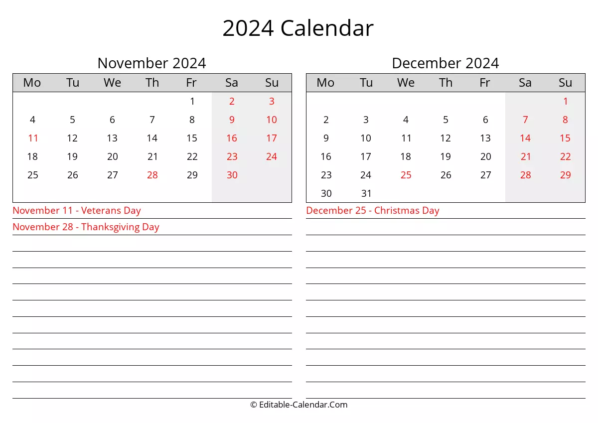 2024 November December Calendar With Holidays Monday Start