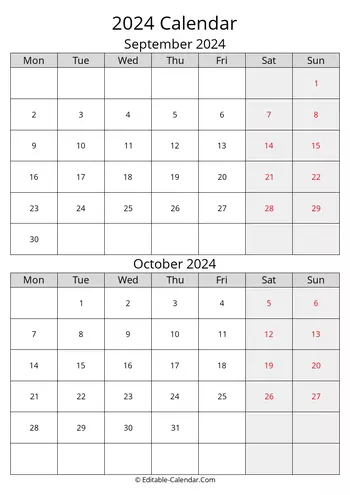 2024 september october calendar monday start