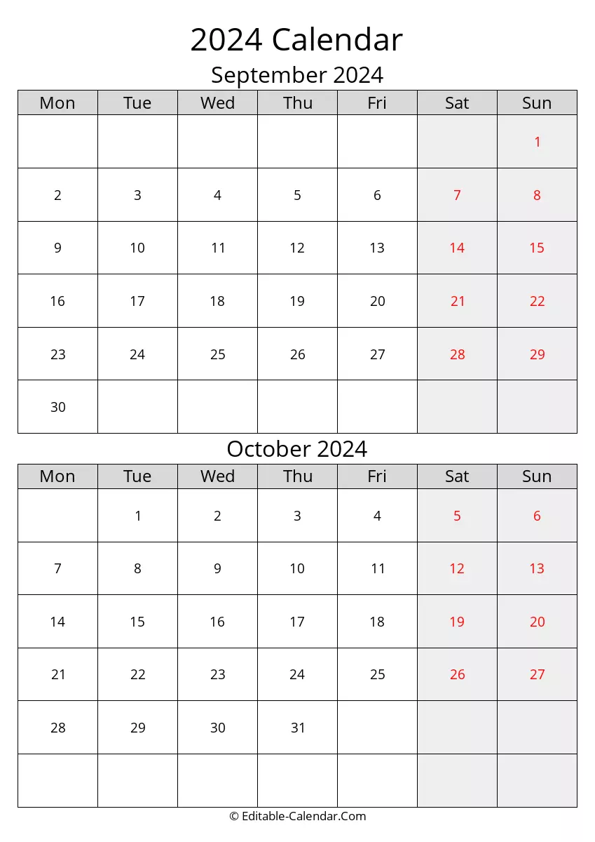 monday start, 2024 september october calendar