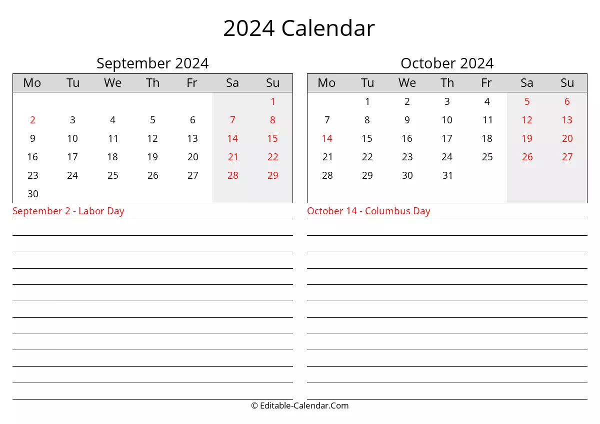 monday start, 2024 september october calendar with holidays