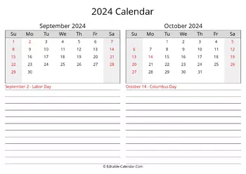 2024 september october calendar with holidays