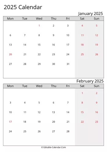 2025 excel calendar january february monday start