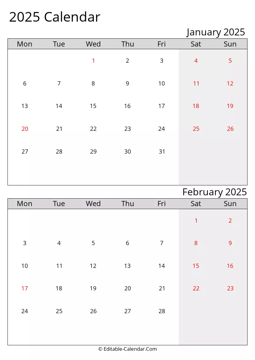 2025 Excel Calendar January February Monday Start