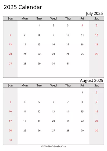 2025 excel calendar july august