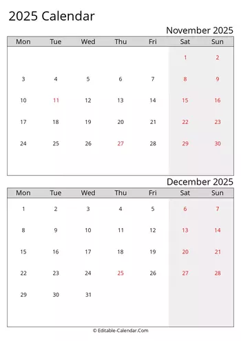 2025 excel calendar november december monday start
