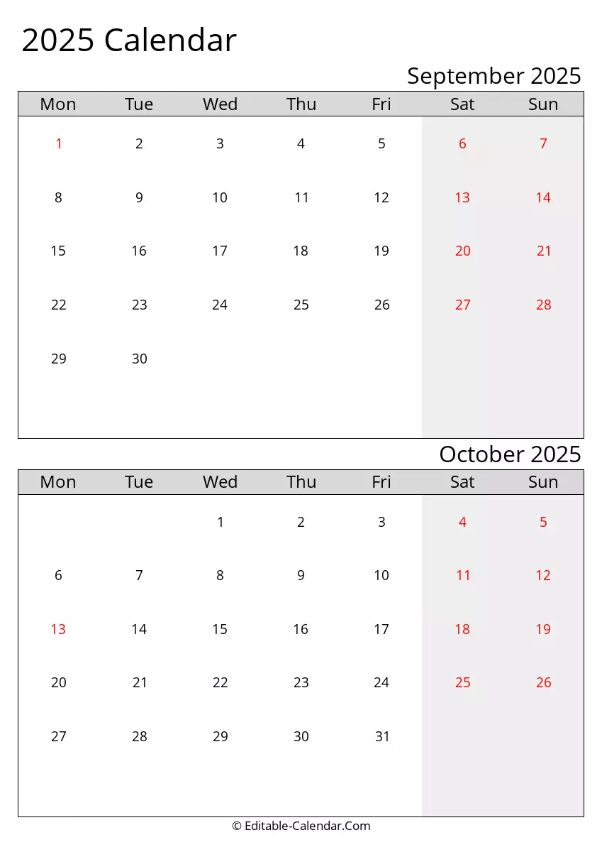 2025 Excel Calendar September October Monday Start
