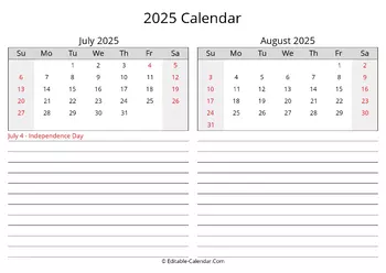 2025 july august calendar with holidays