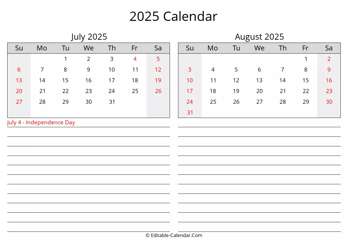 2025 july august calendar with holidays
