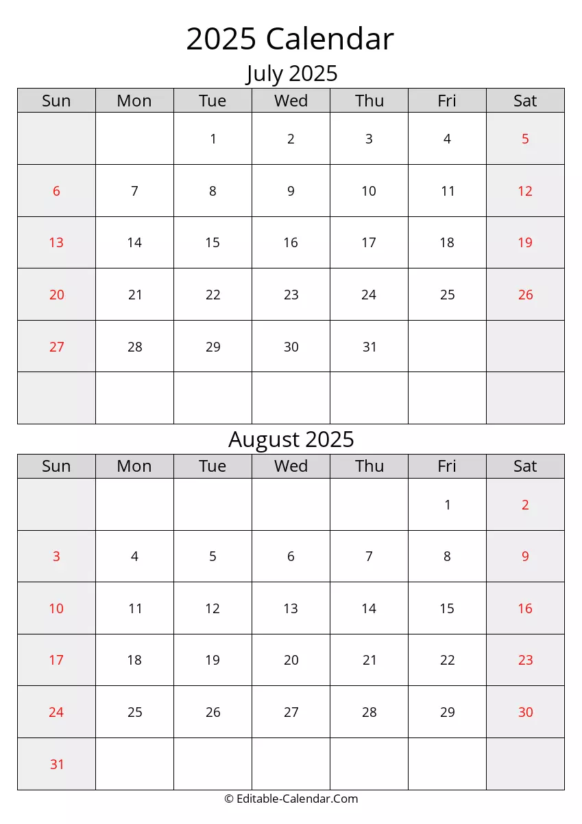 2025 july august calendar