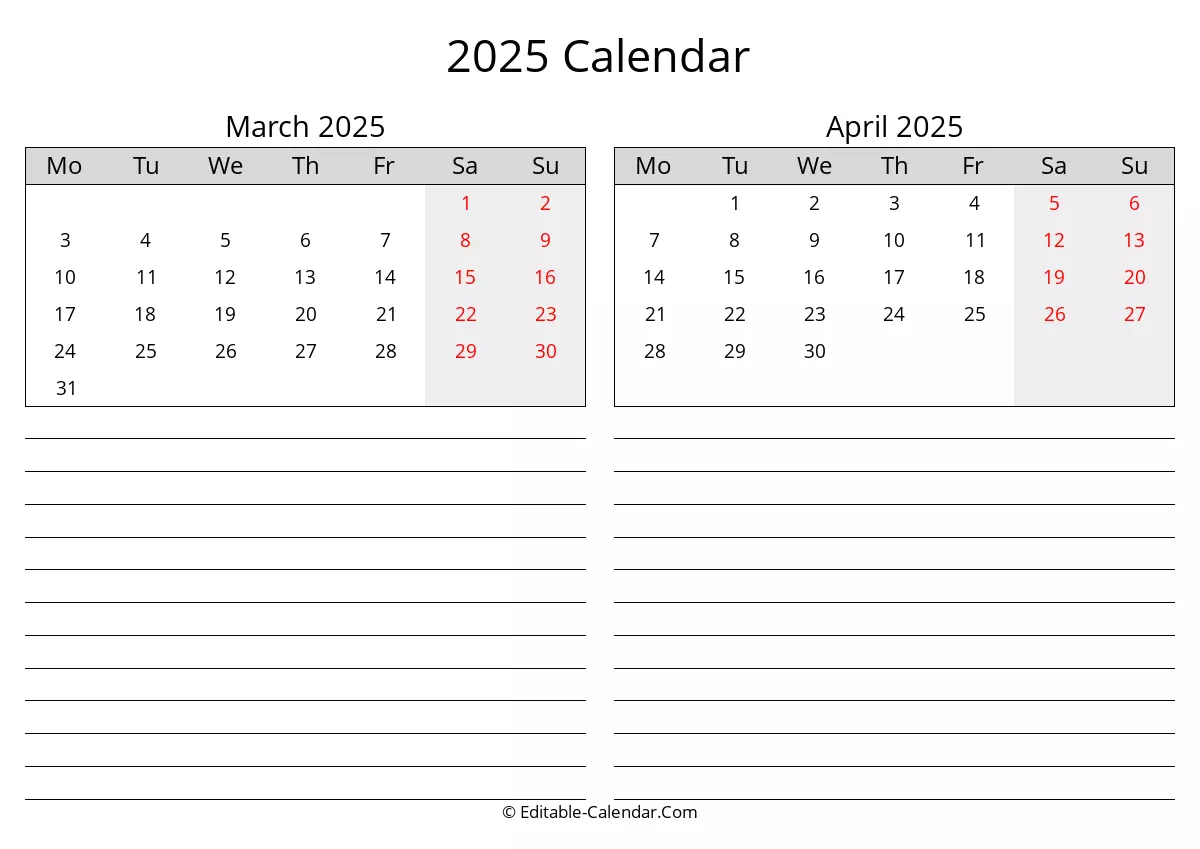 monday start, 2025 march april calendar with holidays