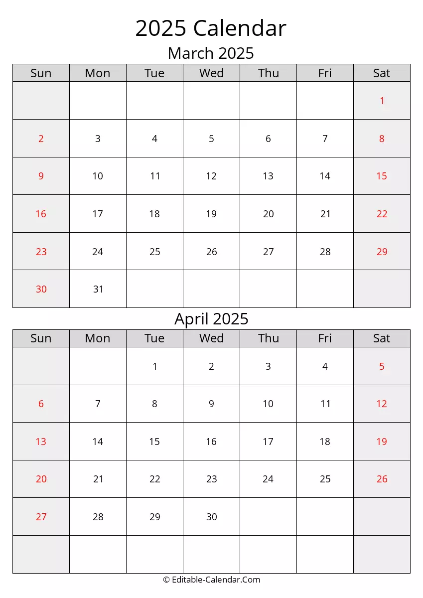 2025 march april calendar