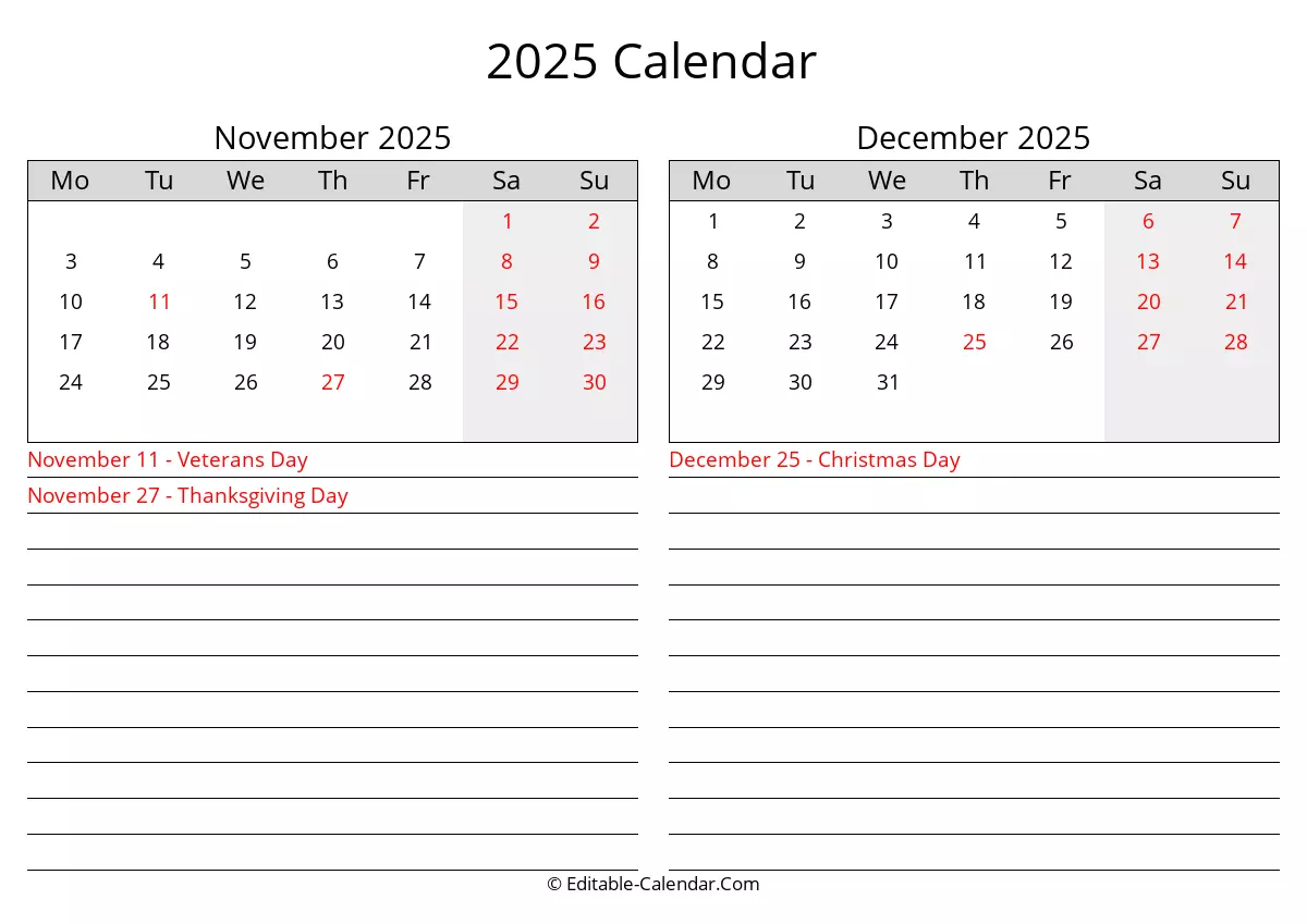 monday start, 2025 november december calendar with holidays