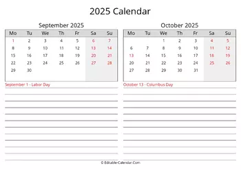2025 september october calendar with holidays monday start