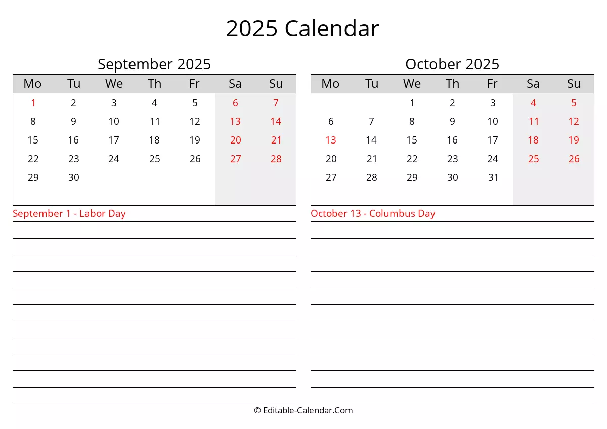 2025 September October Calendar With Holidays Monday Start