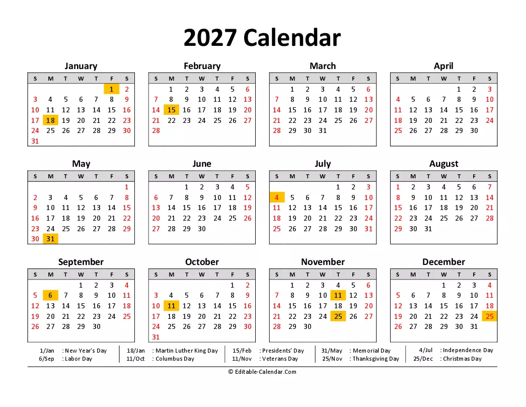 Download 2027 Calendar Printable With Us Holidays Weeks Start On Sunday