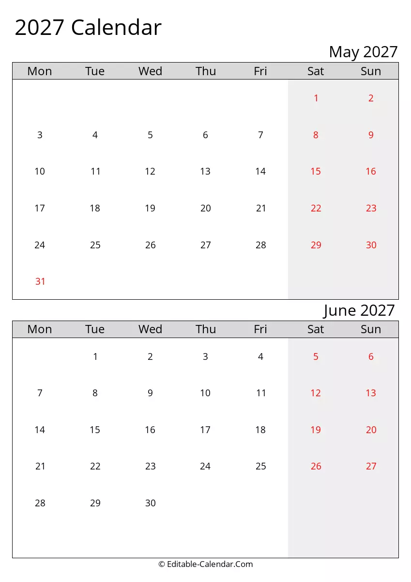 monday start, 2027 excel calendar may june