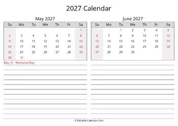 2027 may june calendar with holidays