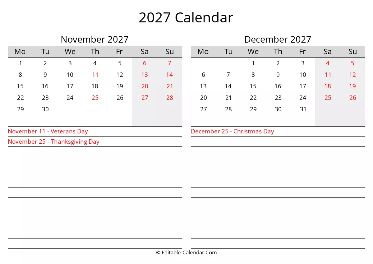 monday start, 2027 november december calendar with holidays