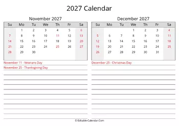 2027 november december calendar with holidays