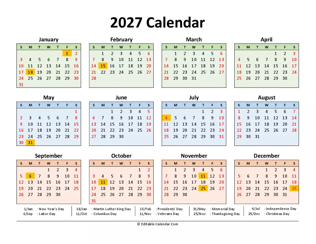 2027 Calendar With Holidays Printable King Printables 2027 Calendar With Holidays Printable King Printables