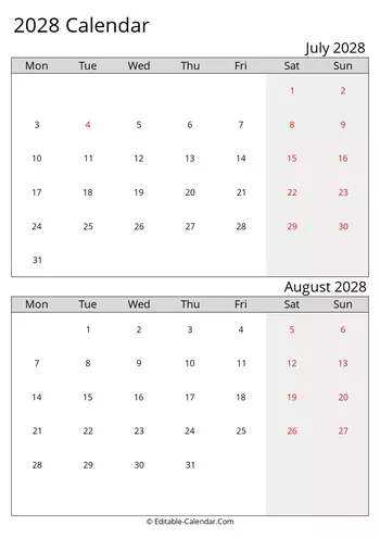 2028 excel calendar july august monday start