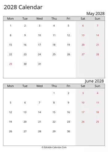 2028 excel calendar may june monday start
