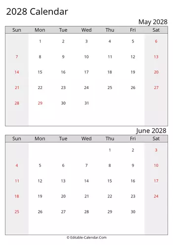 2028 excel calendar may june