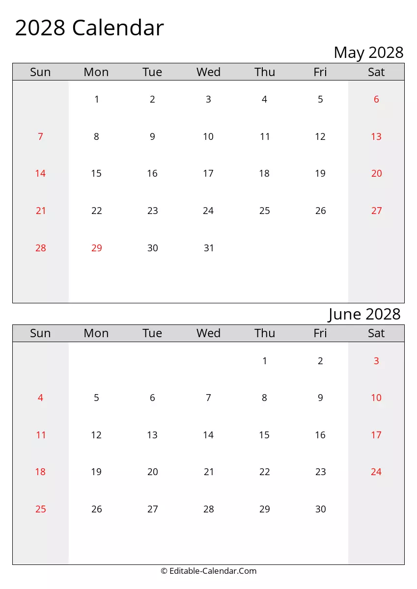 2028 excel calendar may june