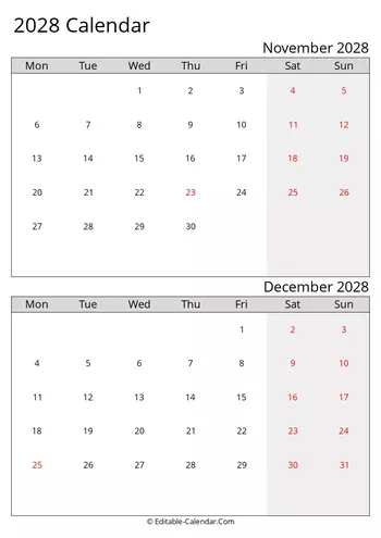 2028 excel calendar november december monday start