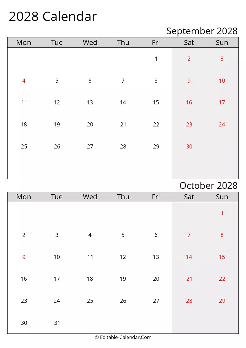 2028 Excel Calendar September October Monday Start