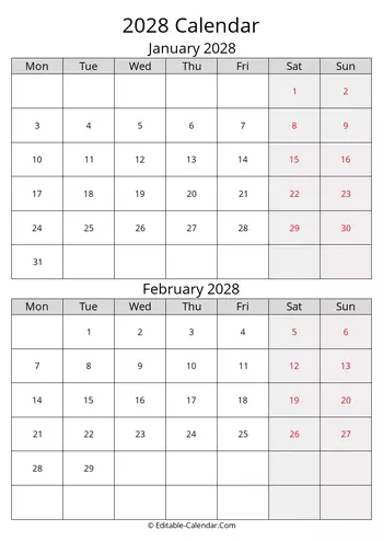 2028 january february calendar monday start