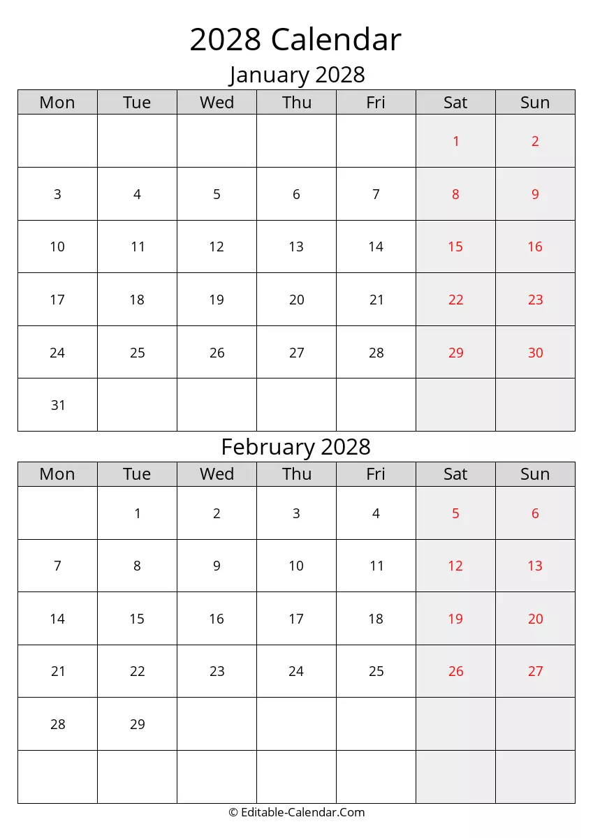 2028 January February Calendar Monday Start